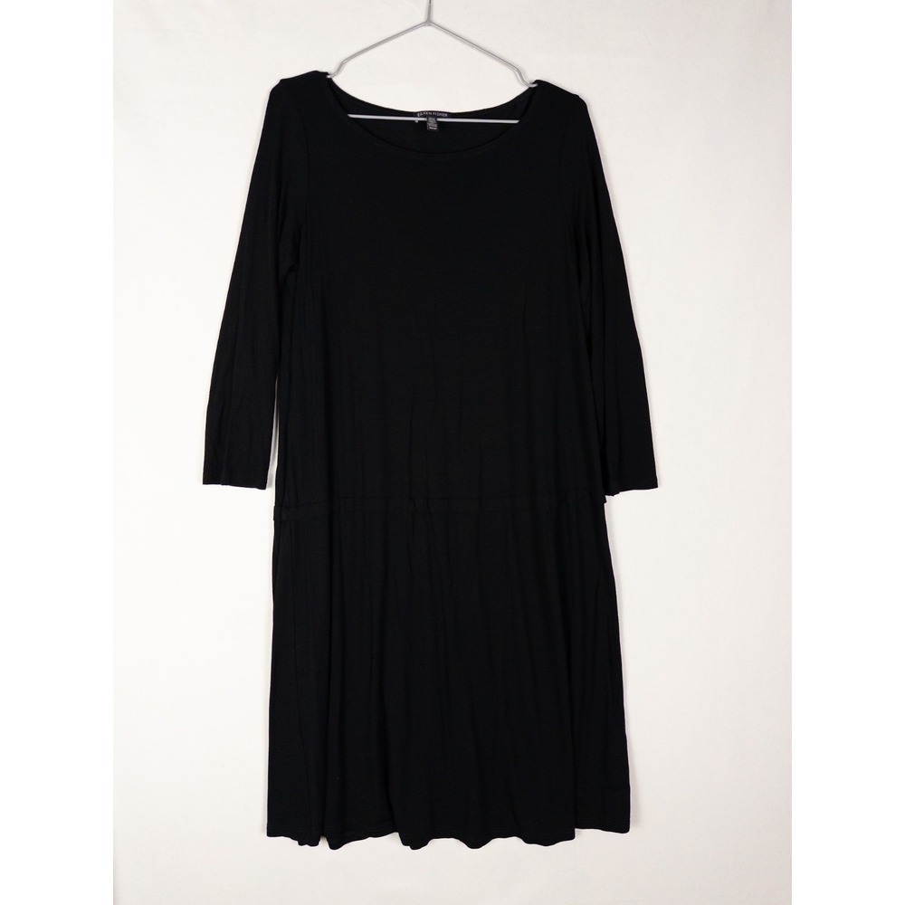 Eileen Fisher Dress Womens XS Black Solid Ruffle Tiered Viscose Knee Pullover
